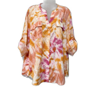 Calvin Klein Blouse Women XL Orange Pink Tie Dye Tab Sleeve Popover Top Summer
